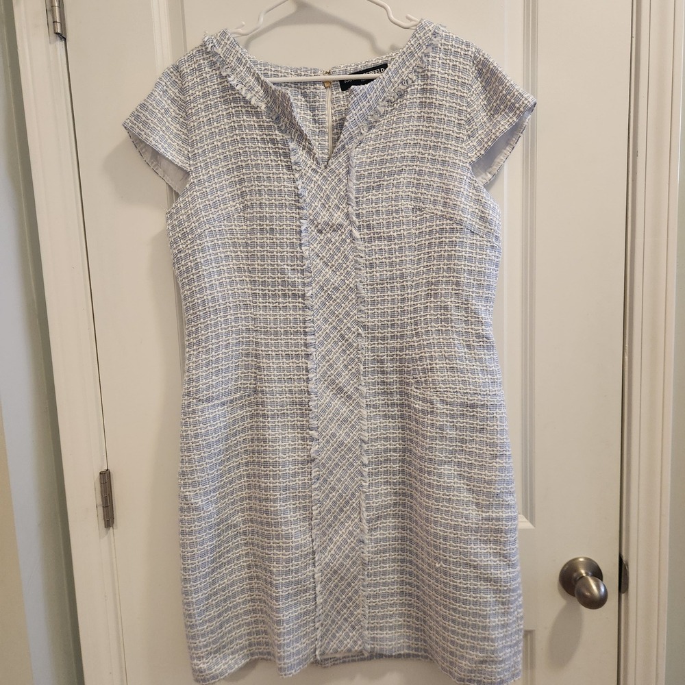 Karl Lagerfeld Paris Blue White Tweed Fringe V-Neck Sheath Dress Size 14